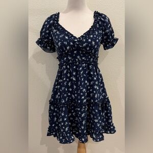Vintage Y2K Arden B Babydoll Peasant Dress Large Floral Navy Blue Cottagecore